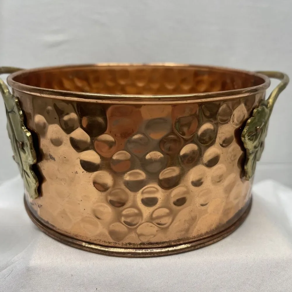 Hammered Copper Casserole Candle Ring Holder Brass Leaves 6.5